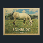 Edinburg Texas Horse Farm -Vintage Travel Postcard<br><div class="desc">Edinburg Texas rural vintage travel postcard.  It features a white horse grazing on green grass with fence and blue clouds sky above. A fun country farm image with rustic charm.</div>