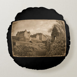 Edinburgh Castle Sepia Photograph Round Cushion