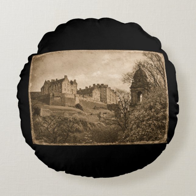 Edinburgh Castle Sepia Photograph Round Cushion (Front)