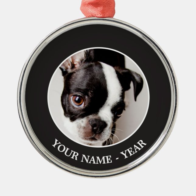 Edison Boston Terrier puppy. Metal Tree Decoration (Front)