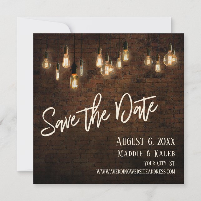 Edison Lights & Industrial Brown Brick Wall Save The Date (Front)