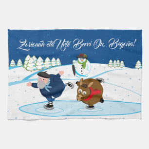 Edit, Christmas / Navidad, Olentzero ice skating, Tea Towel