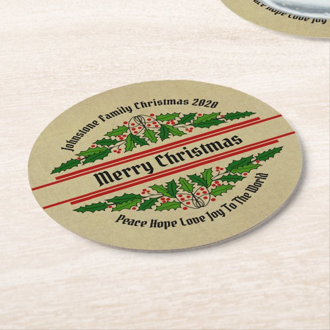 Edit Name Text Matching Christmas Holly Round Paper Coaster (Angled)