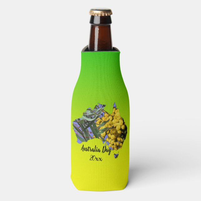 Edit Text Australia Day Gum Leaf Wattle Stubby Bottle Cooler (Bottle Front)