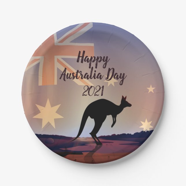 Edit Text Flag Kangaroo Australia Day  7" Paper Plate (Front)