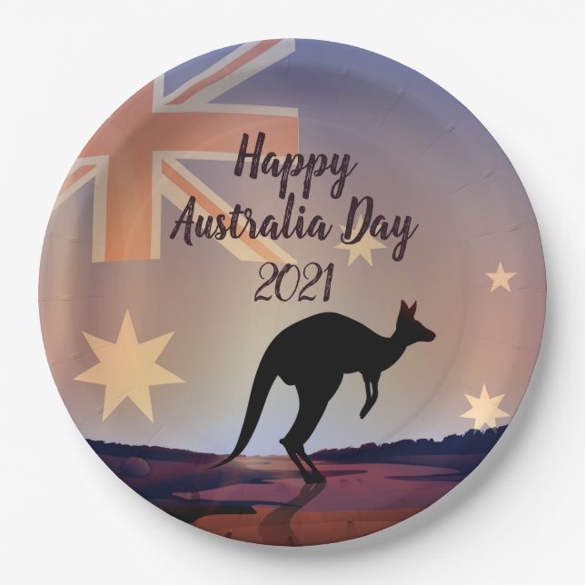 Edit Text Flag Kangaroo Australia Day  9" Paper Plate (Front)