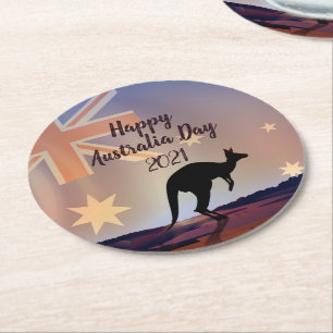 Edit Text Flag Kangaroo Australia Day Round Paper Coaster
