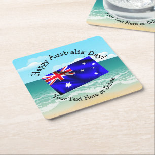Edit Text Happy Australia Day Flag Ocean Beach 7" Square Paper Coaster