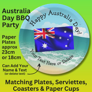 Edit Text Happy Australia Day Flag Ocean Beach 9" Paper Plate