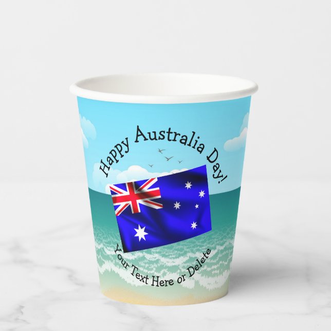 Edit Text Happy Australia Day Flag Ocean Beach Paper Cups (Front)
