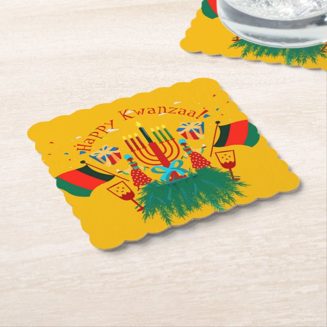 Edit Text Matching Kwanzaa Party Paper Coaster (Angled)