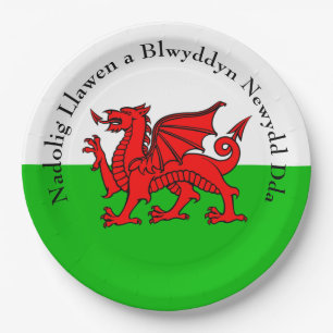 Edit Text Welsh Flag Red Dragon Christmas  9" Paper Plate