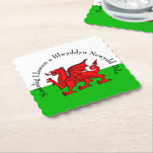 Edit Text Welsh Flag Red Dragon Christmas Paper Coaster