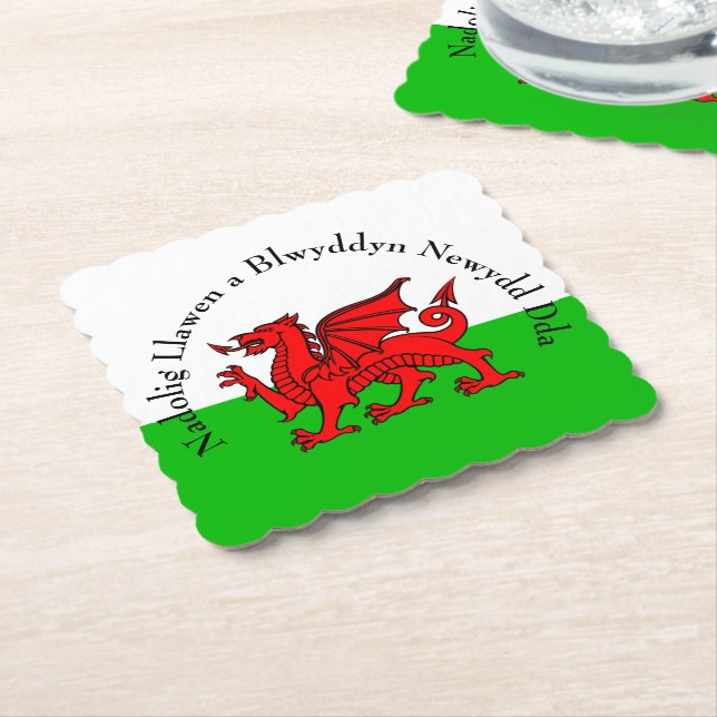 Edit Text Welsh Flag Red Dragon Christmas Paper Coaster (Angled)