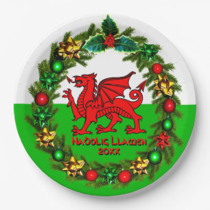 Edit Text Year Welsh Flag Red Dragon Christmas  9" Paper Plate