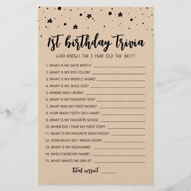 Editable 1st Birthday trivia Birthday party game (Front)
