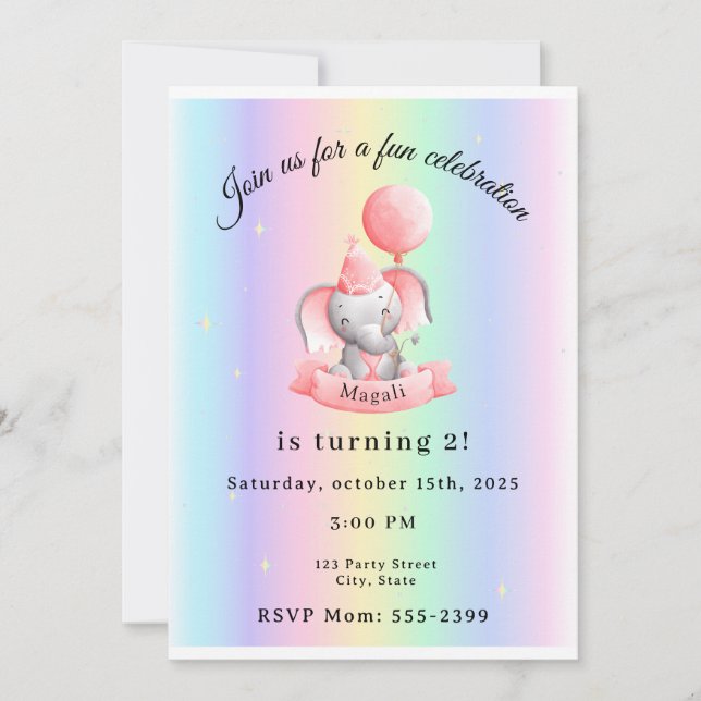 Editable 2nd Birthday Invitation Cute Elephant (Front)