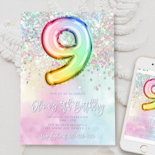 Editable 9th Birthday Invitation Template Rainbow
