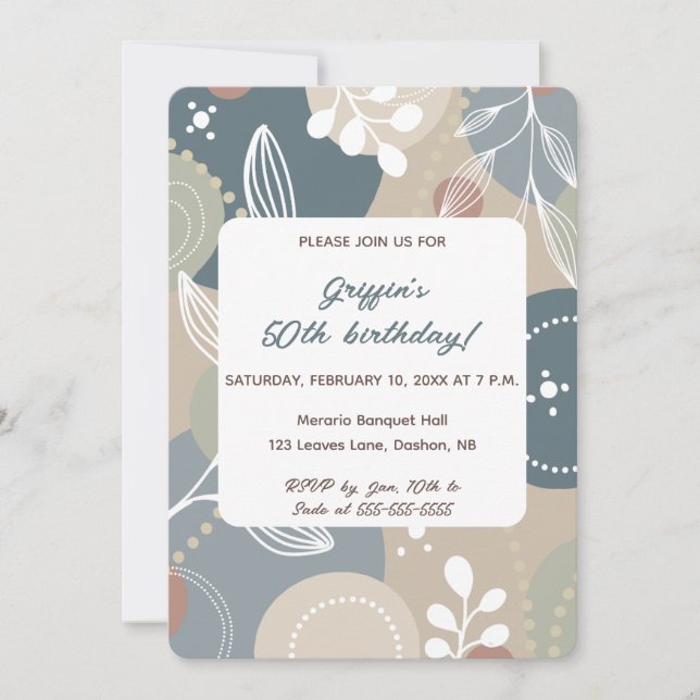 Editable Abstract Blue and Beige Leaves Birthday Invitation (Front)
