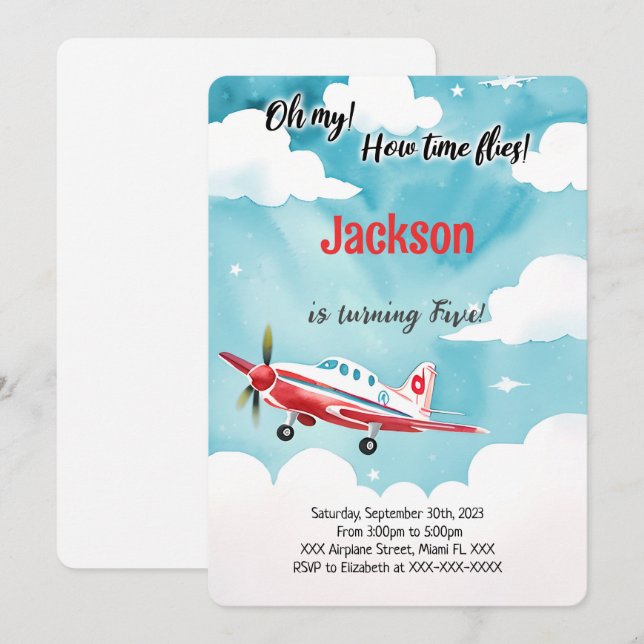 Editable Aeroplane Kids Birthday Party Invitation (Front/Back)