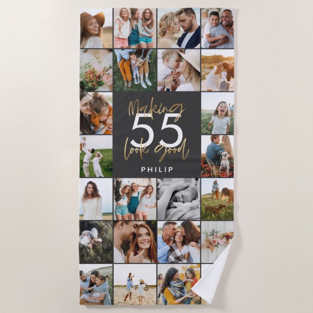editable age chic birthday multi photo script gift beach towel (Front)