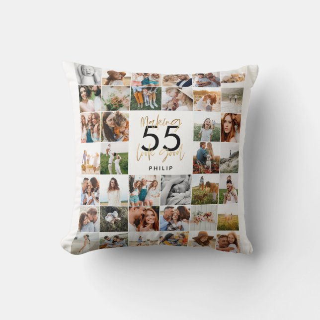 editable age chic birthday multi photo script gift cushion (Front)