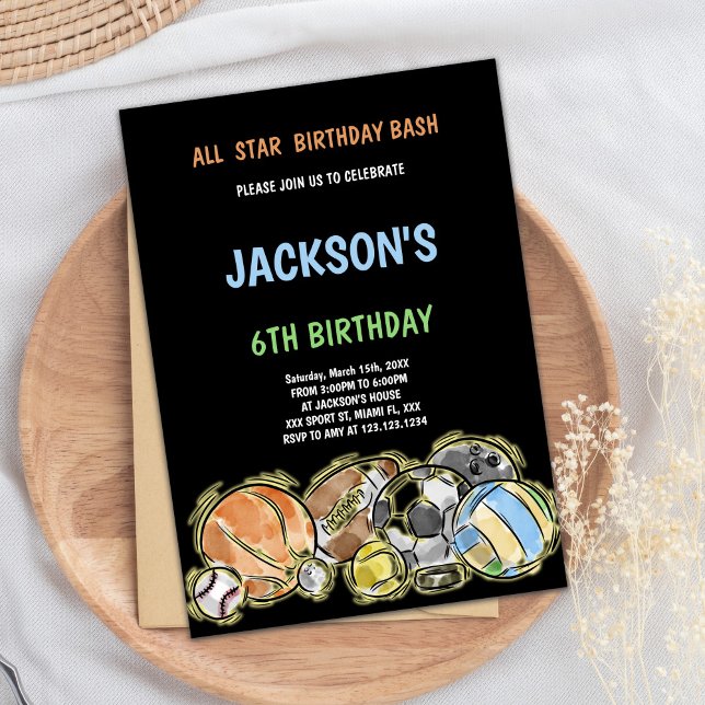 Editable All-Star Boys Multi-Sport Party Invite (Black Sports Birthday Invitations)