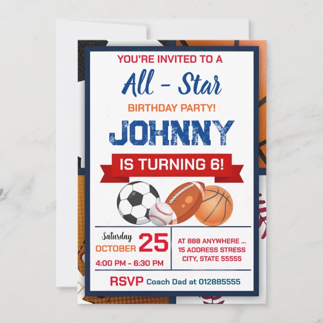 Editable All Star Sports Birthday Party Invitation (Front)