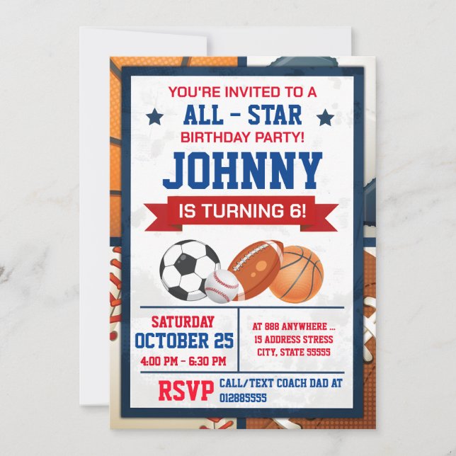 Editable All Star Sports Birthday Party Invitation (Front)