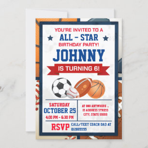 Editable All Star Sports Birthday Party Invitation