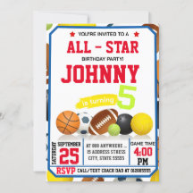 Editable All Star Sports Birthday Party Invitation