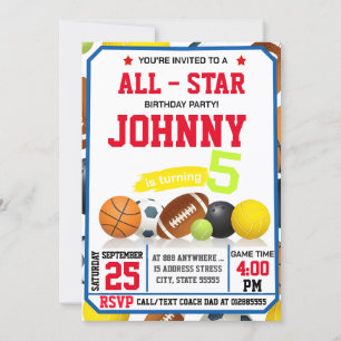 Editable All Star Sports Birthday Party Invitation