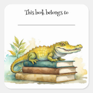 Editable Alligator and Books Bookplate Sticker