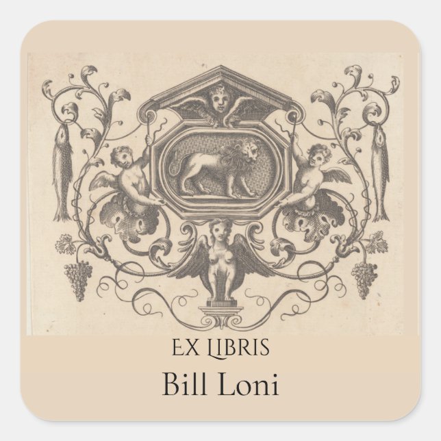 Editable Angels and a Lion Bookplate Square Sticker (Front)