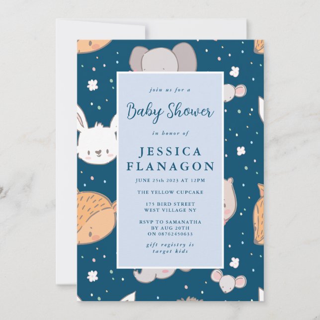 Editable Animal Safari Jungle Blue Baby Shower Invitation (Front)