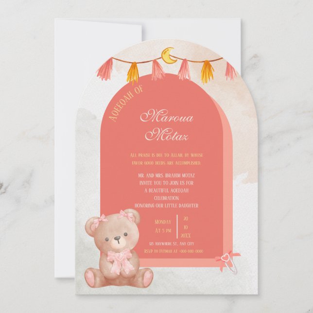 Editable Aqiqah for Baby Girl | Pink Arch Design  Invitation (Front)