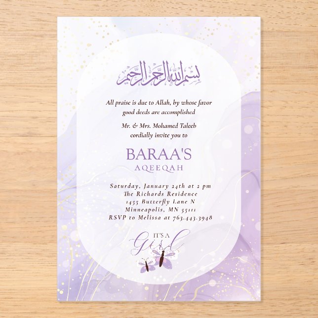 Editable Aqiqah for Baby  It’s a Girl Acrylic Invitations (Front)