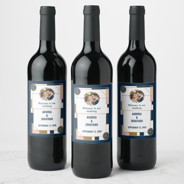 Editable Art Deco Wedding Invitation with Photo Wine Label (Bottles)