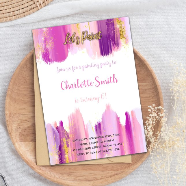 Editable Artistic Party Card (Paint Birthday Invitation Purple)
