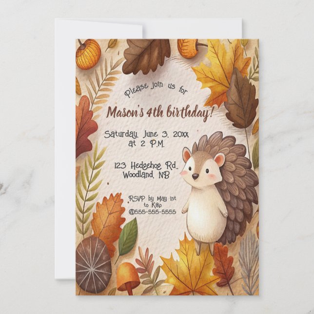 Editable Autumn Leaves and Hedgehog Birthday  Invitation (Front)