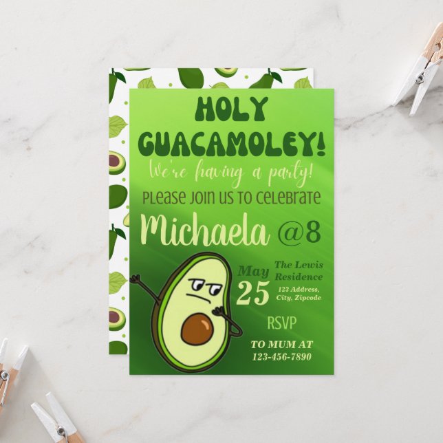 Editable Avocado Birthday Invitation (Front/Back In Situ)