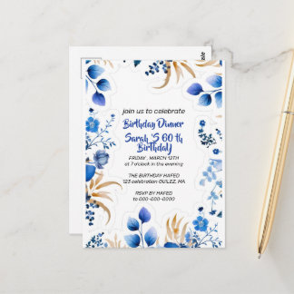 Editable Baby Blue and Silver Floral Invitation, Postcard