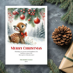 Editable Baby Fawn Snowy Forest Watercolor Xmas Holiday Card