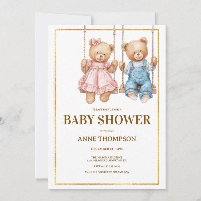 Editable Baby Shower – Cute Teddy Bear  Invitation (Front)