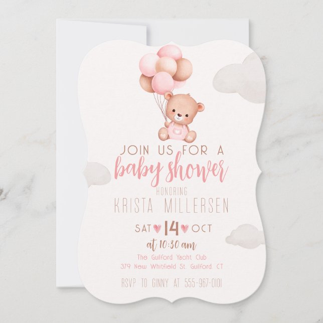 Editable Baby Shower Invitation Pink & Beige Bear  (Front)