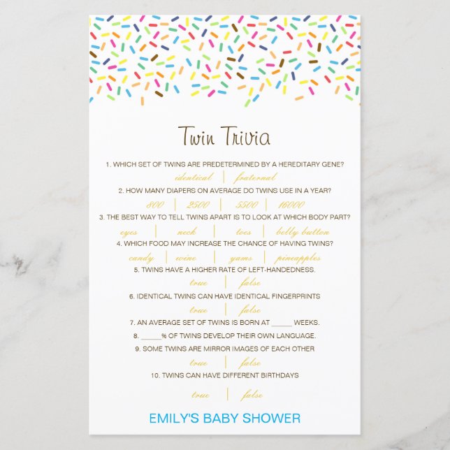 Editable Baby Twin Trivia Baby Shower with Answer (Front)