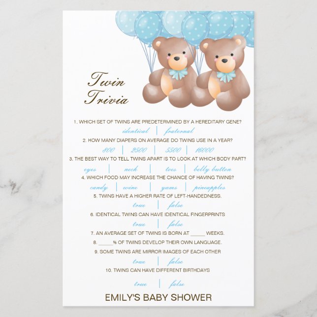 Editable Baby Twin Trivia Baby Shower with Answer (Front)