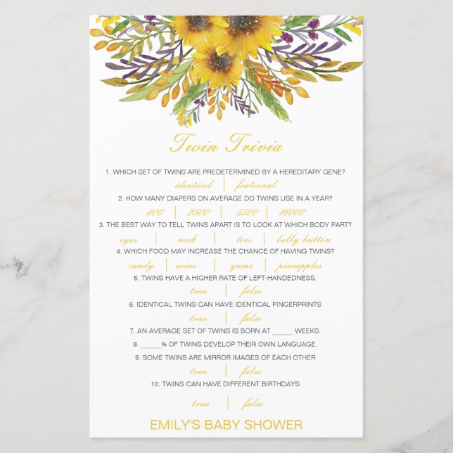 Editable Baby Twin Trivia Baby Shower with Answer (Front)
