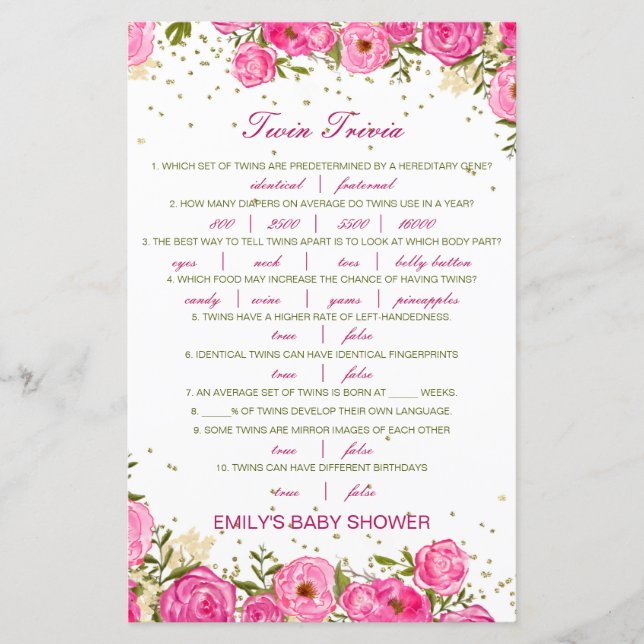 Editable Baby Twin Trivia Baby Shower with Answer (Front)