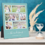 Editable Background Color Six Photo Collage Script Plaque<br><div class="desc">Photo plaque with six photos arranged in a grid layout each with a white border around them and all against an editable background color (click customize to change background color). You can also add your family name in a stylish calligraphy font and the year established. Perfect for wedding gifts, family...</div>